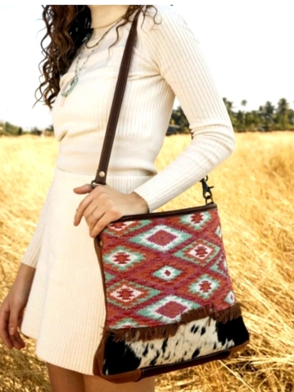Myra Bag Rince Boho Aztec Crossbody Bag with Canvas Cowhide Leather Upcycled